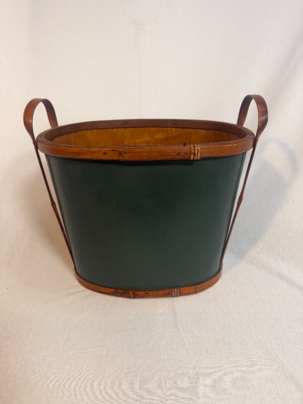 Bentwood Magazine Basket Rattan Handle Green Accent Early Country Tote Primitive